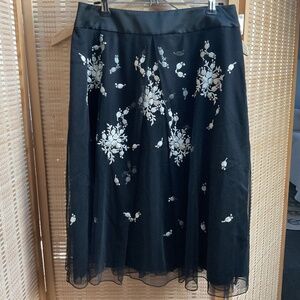 Ann Taylor Midi Skirt Womens Black Floral Embroidered Tulle